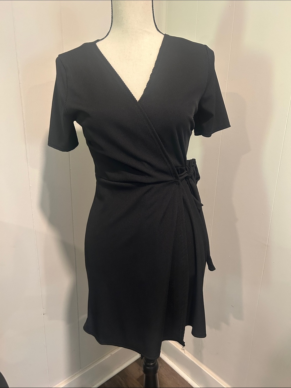 Nasty Gal Black Ribbed Wrap Mini Dress with Side Tie